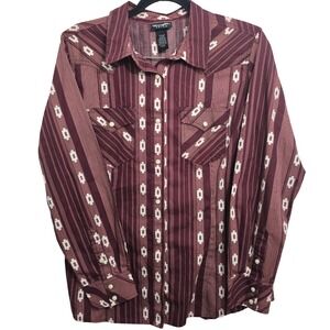 Wrangler Retro Womens Burgundy Geometric Stripe Western Pearl Snap Shirt L